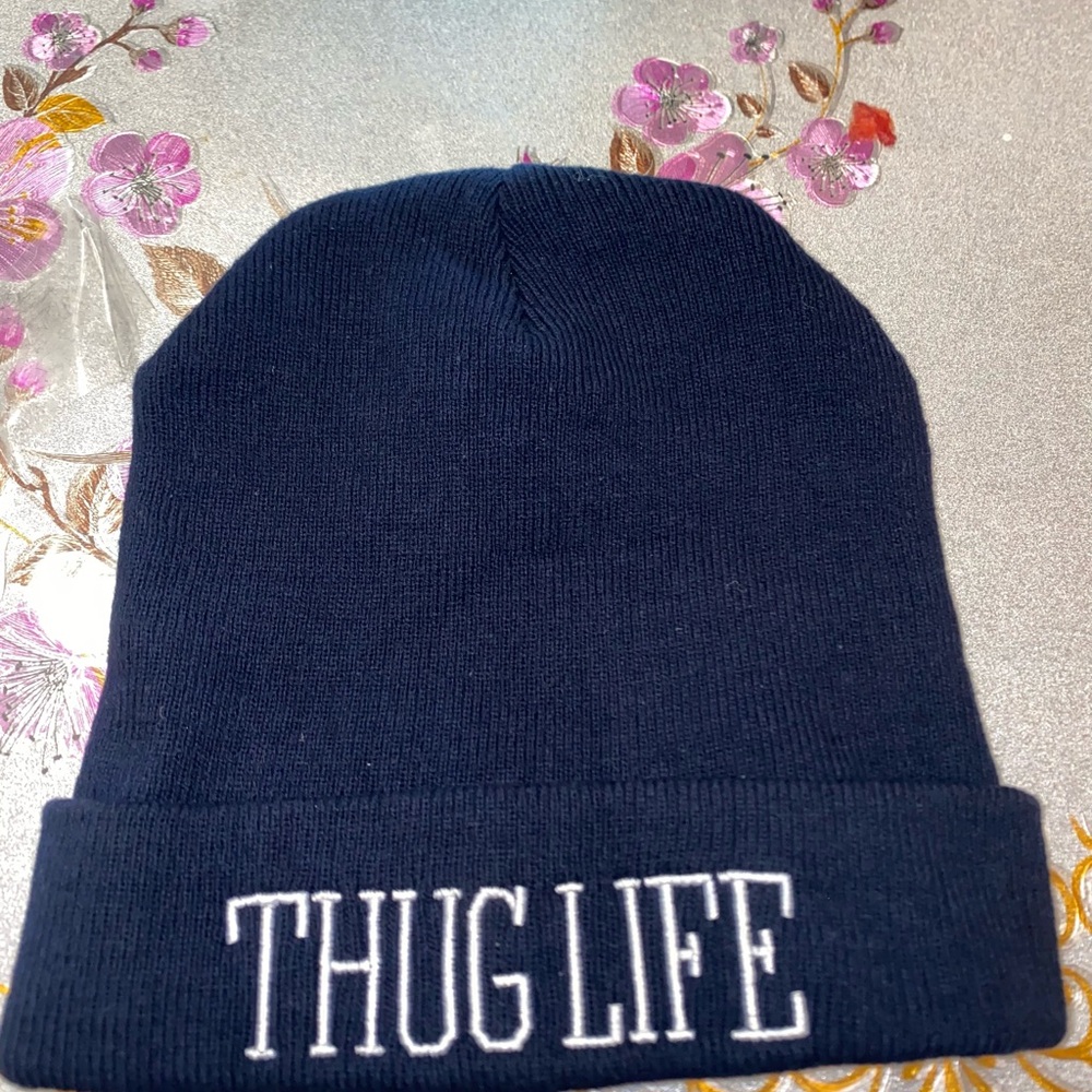 Navy Blue Beanie with 2pac 'Thug Life' Embroidery